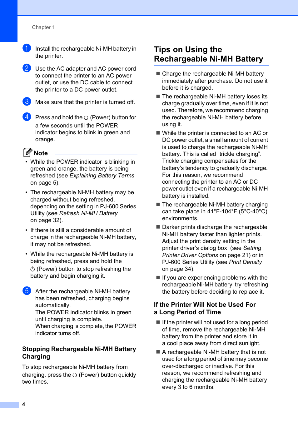 Tips on using the rechargeable ni-mh battery | Brother Pocket Jet6 PJ-622 User Manual | Page 8 / 61