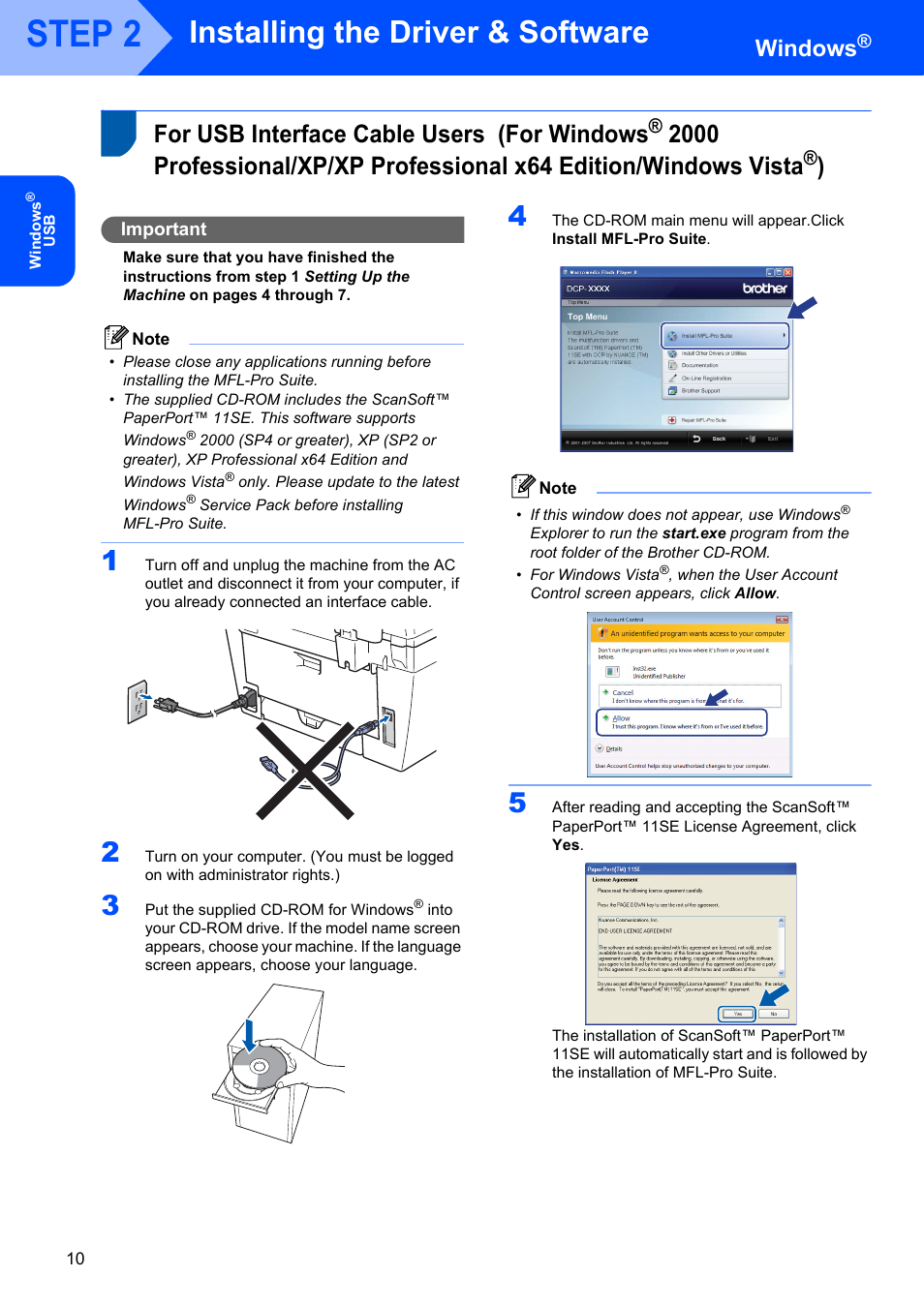 Windows, Step 2, Installing the driver & software | For usb interface cable users (for windows, Important | Brother DCP-7040 User Manual | Page 12 / 20