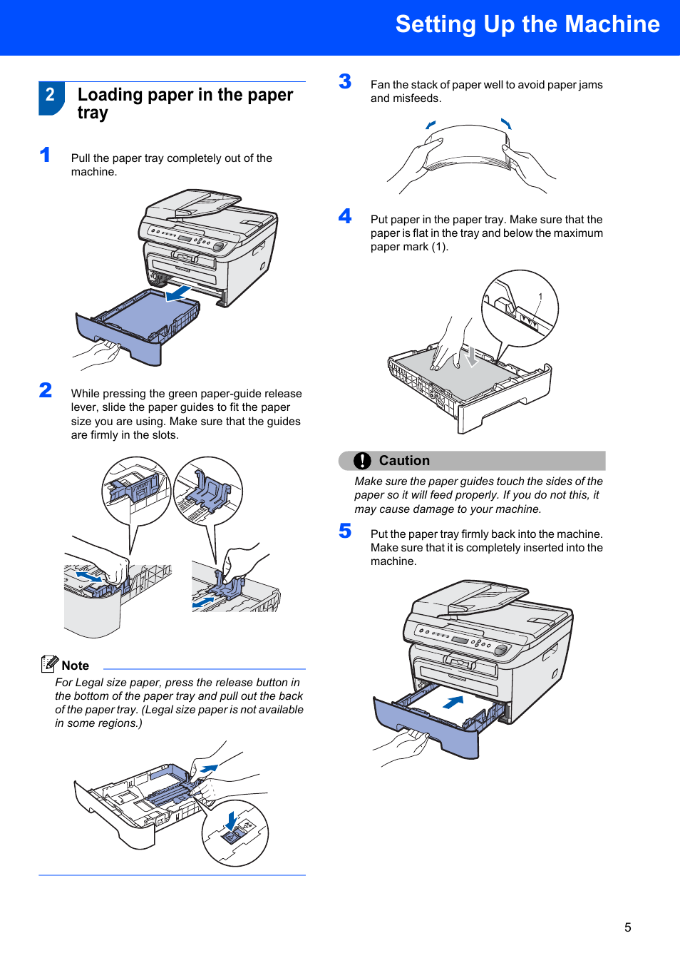 2 loading paper in the paper tray, Loading paper in the paper tray, Setting up the machine | 2loading paper in the paper tray | Brother DCP-7040 User Manual | Page 7 / 20