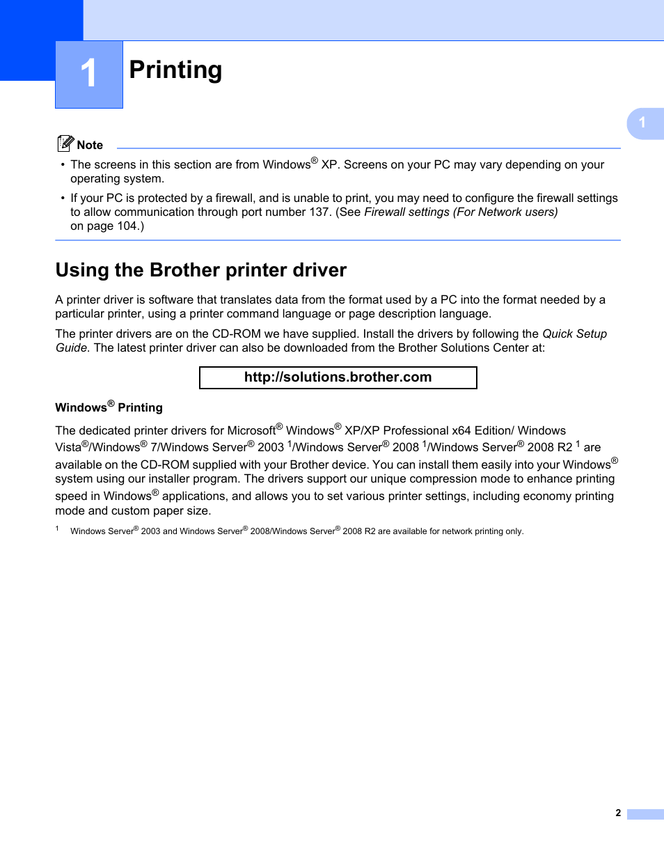 1 printing, Using the brother printer driver, Printing | Brother MFC-9325CW User Manual | Page 10 / 221