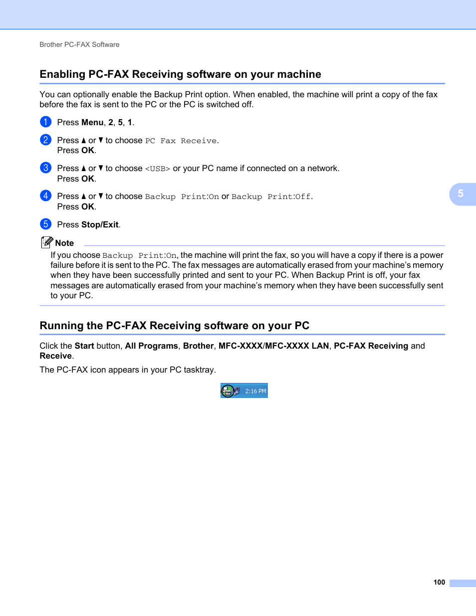 Enabling pc-fax receiving software on your machine, Running the pc-fax receiving software on your pc | Brother MFC-9325CW User Manual | Page 108 / 221