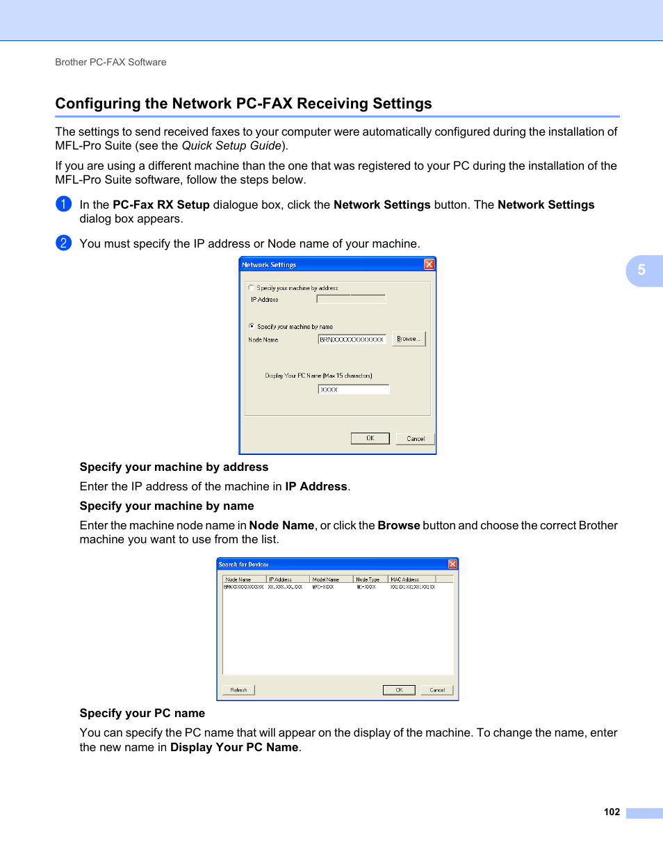 Configuring the network pc-fax receiving settings, 5configuring the network pc-fax receiving settings | Brother MFC-9325CW User Manual | Page 110 / 221