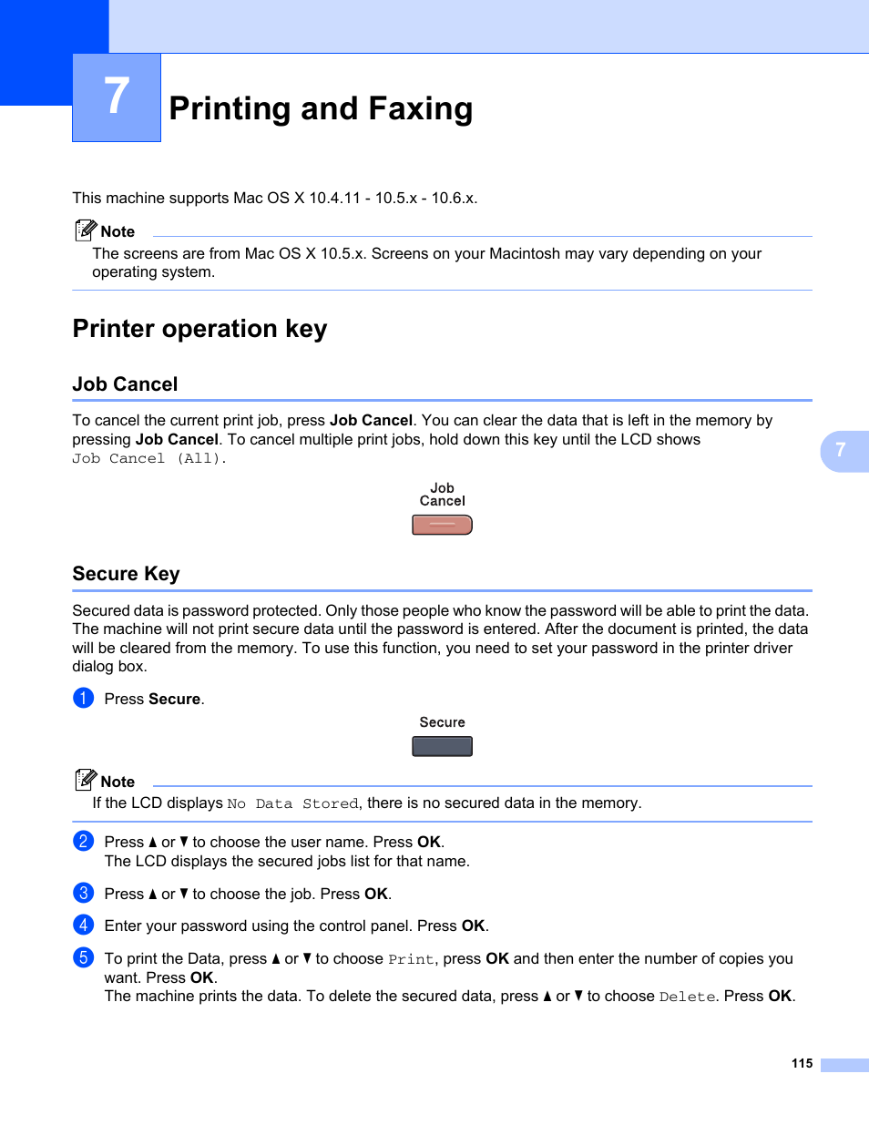 7 printing and faxing, Printer operation key, Job cancel | Secure key, Printing and faxing, Job cancel secure key | Brother MFC-9325CW User Manual | Page 123 / 221