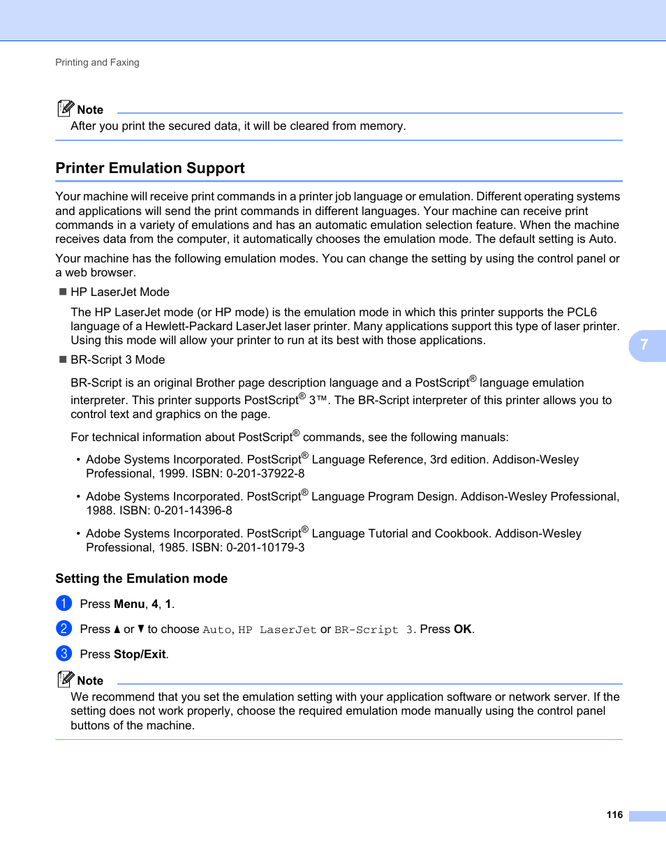 Printer emulation support, Setting the emulation mode | Brother MFC-9325CW User Manual | Page 124 / 221