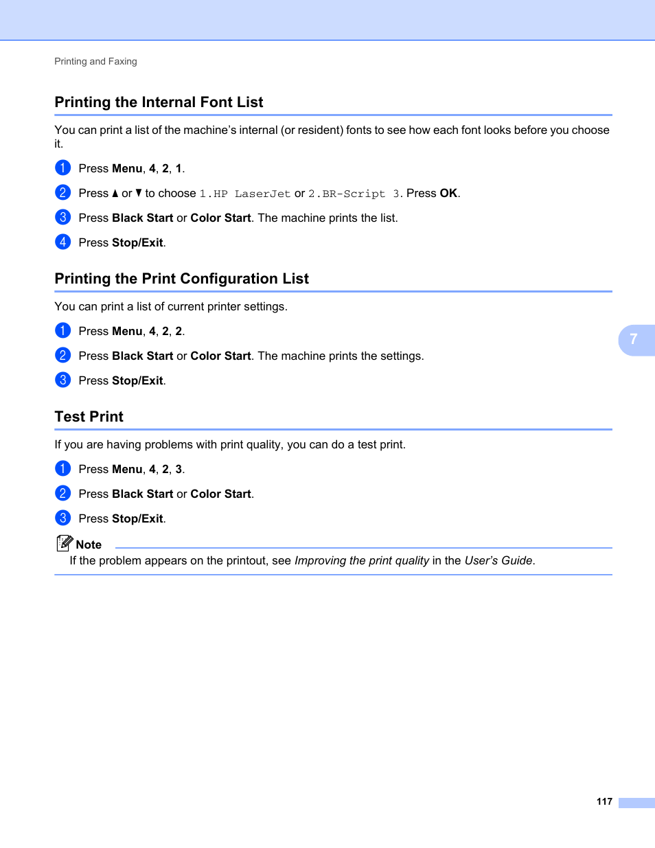 Printing the internal font list, Printing the print configuration list, Test print | Brother MFC-9325CW User Manual | Page 125 / 221