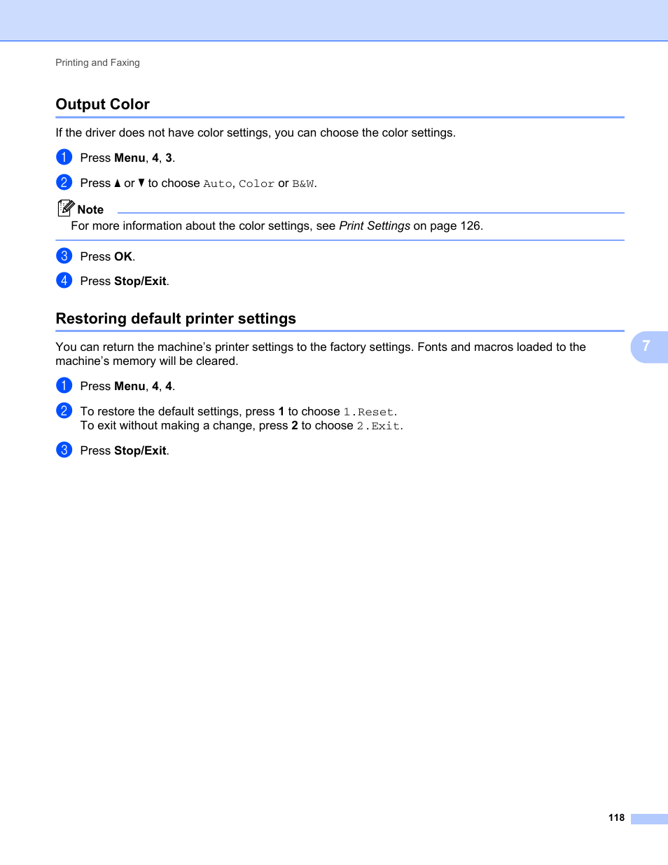 Output color, Restoring default printer settings, Output color restoring default printer settings | 7output color | Brother MFC-9325CW User Manual | Page 126 / 221