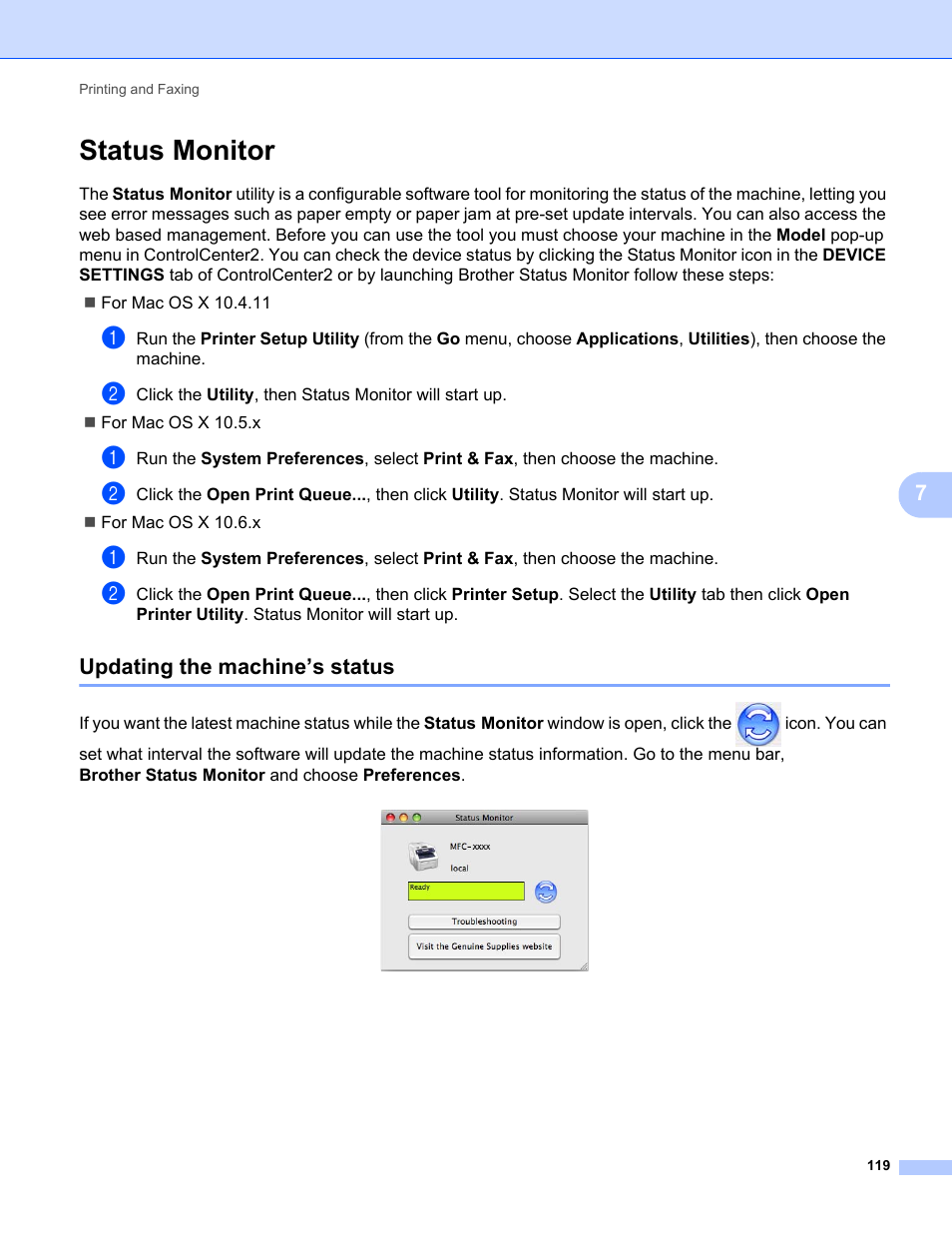 Status monitor, Updating the machine’s status | Brother MFC-9325CW User Manual | Page 127 / 221