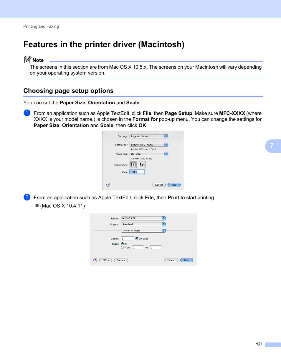 Features in the printer driver (macintosh), Choosing page setup options | Brother MFC-9325CW User Manual | Page 129 / 221