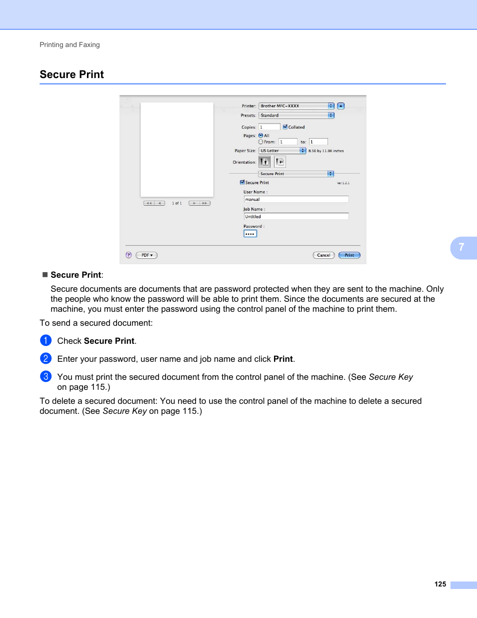 Secure print, 7secure print | Brother MFC-9325CW User Manual | Page 133 / 221