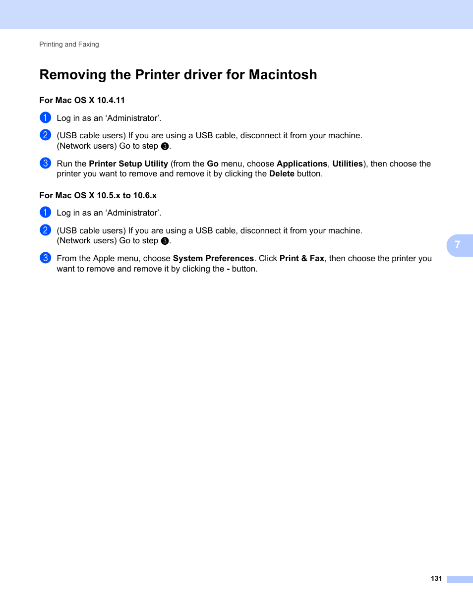 Removing the printer driver for macintosh | Brother MFC-9325CW User Manual | Page 139 / 221