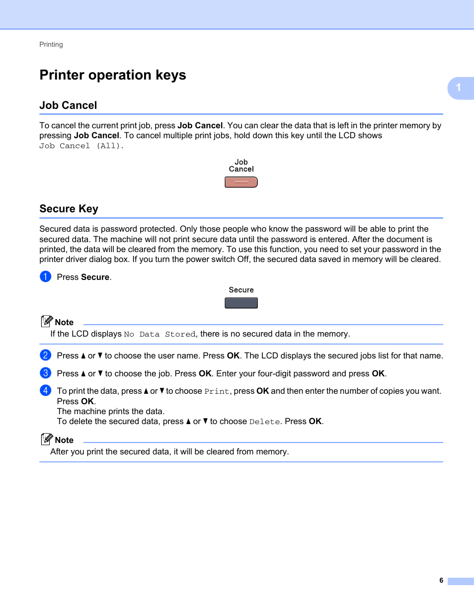 Printer operation keys, Job cancel, Secure key | Job cancel secure key | Brother MFC-9325CW User Manual | Page 14 / 221