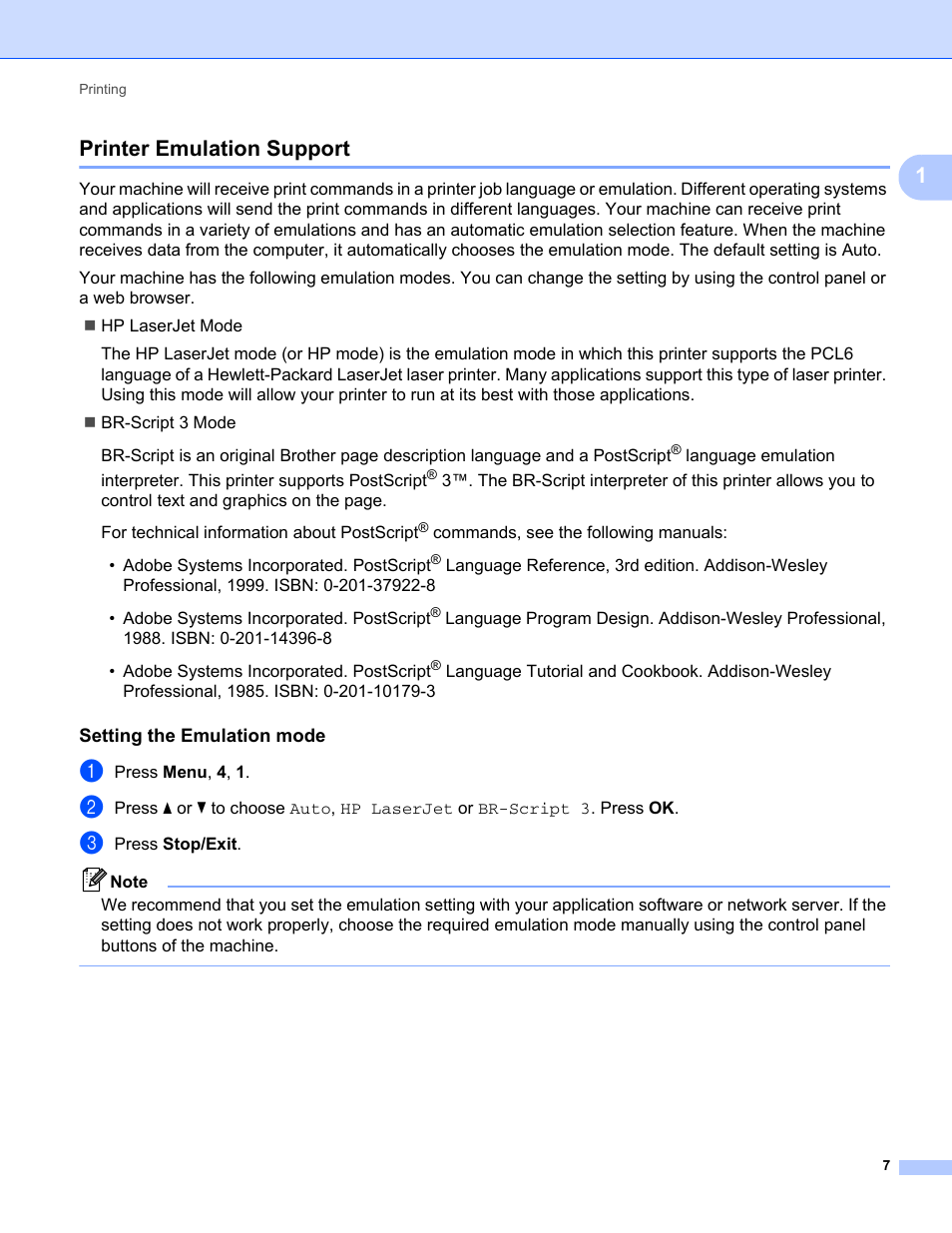 Printer emulation support, Setting the emulation mode, 1printer emulation support | Brother MFC-9325CW User Manual | Page 15 / 221