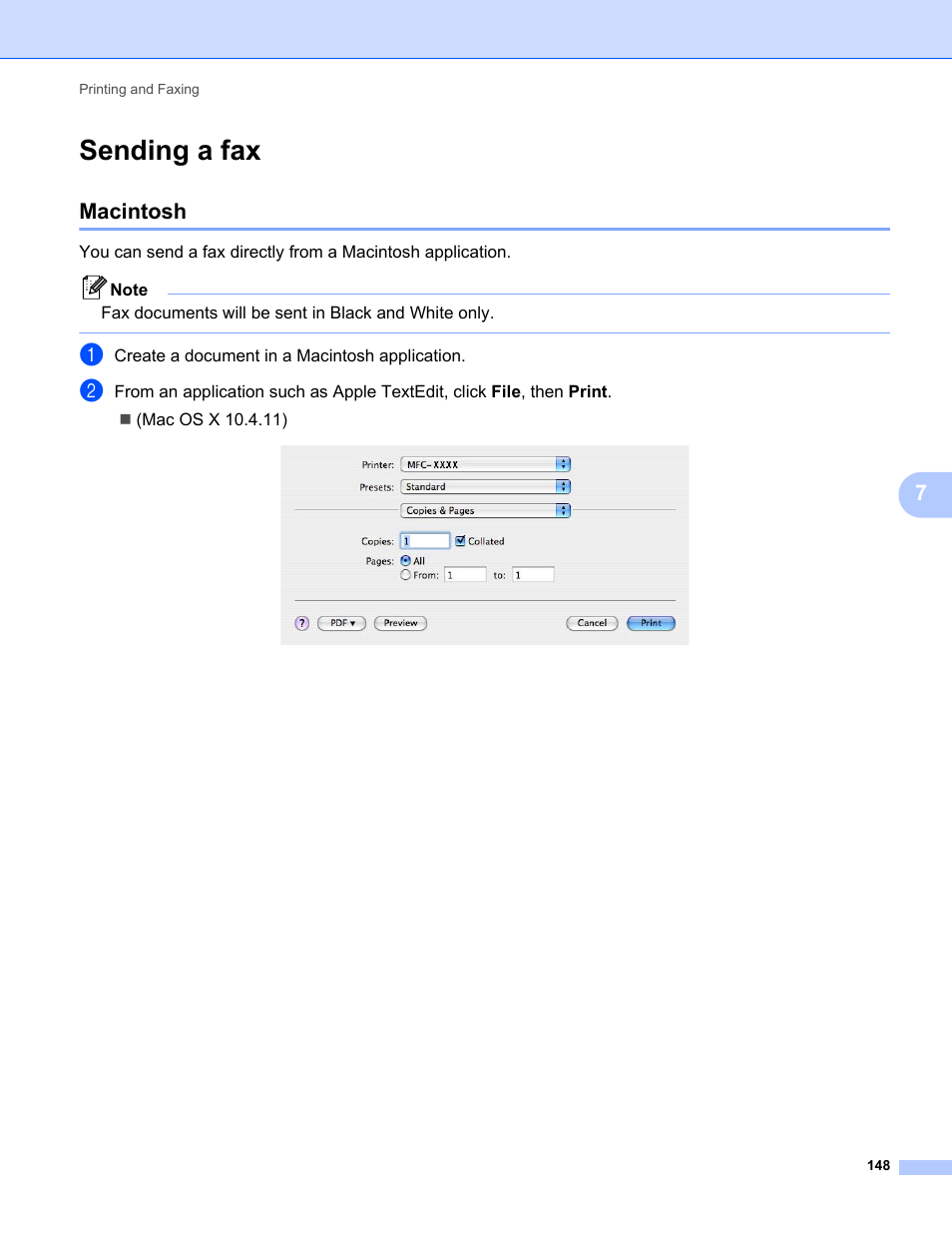 Sending a fax, Macintosh | Brother MFC-9325CW User Manual | Page 156 / 221