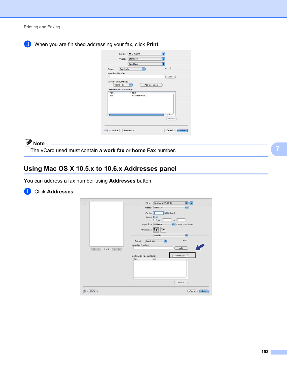 Using mac os x 10.5.x to 10.6.x addresses panel | Brother MFC-9325CW User Manual | Page 160 / 221