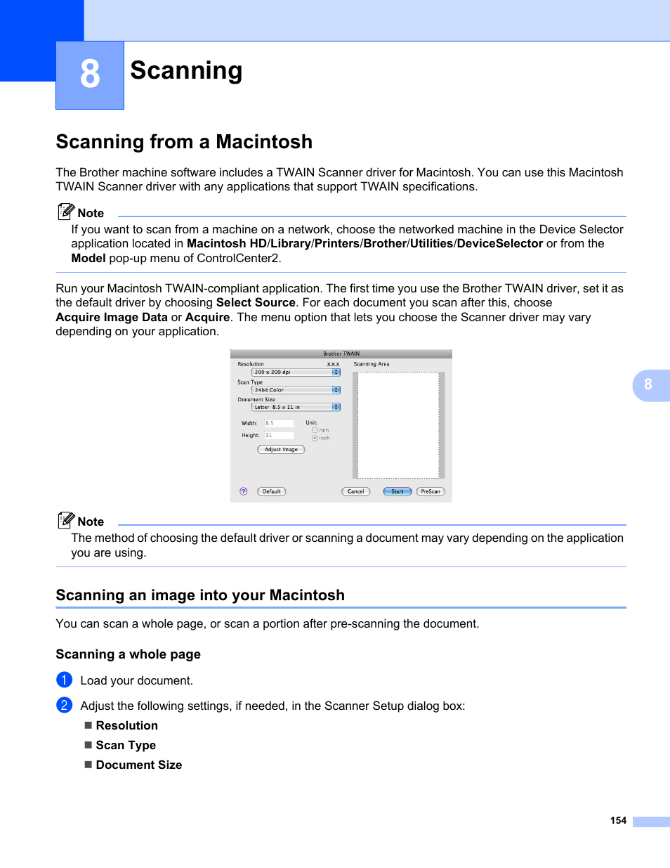 8 scanning, Scanning from a macintosh, Scanning an image into your macintosh | Scanning | Brother MFC-9325CW User Manual | Page 162 / 221