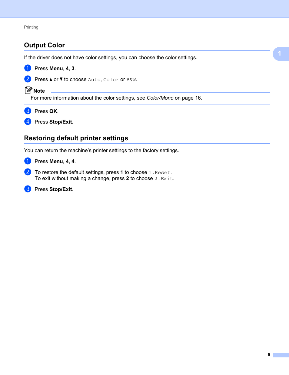 Output color, Restoring default printer settings, Output color restoring default printer settings | 1output color | Brother MFC-9325CW User Manual | Page 17 / 221