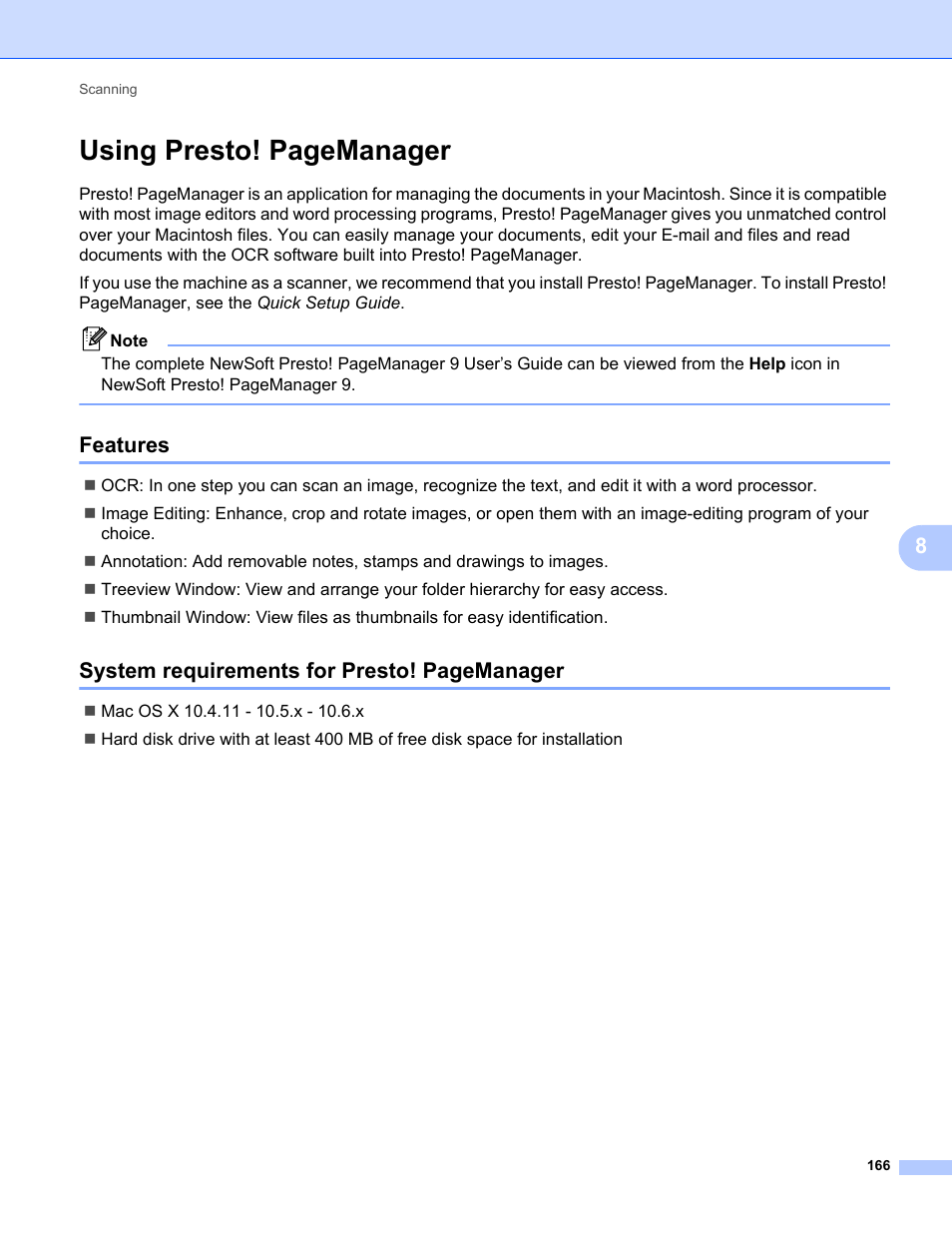 Features, Using presto! pagemanager, System requirements for presto! pagemanager | Brother MFC-9325CW User Manual | Page 174 / 221