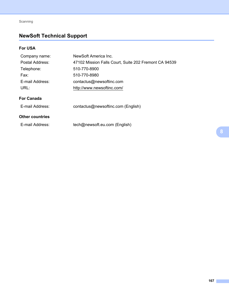 Newsoft technical support, 8newsoft technical support | Brother MFC-9325CW User Manual | Page 175 / 221