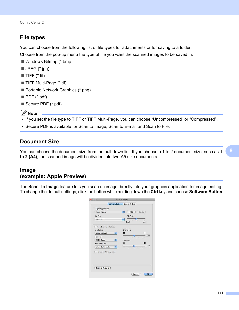 File types, Document size, Image (example: apple preview) | File types document size image, Example: apple preview), 9file types | Brother MFC-9325CW User Manual | Page 179 / 221