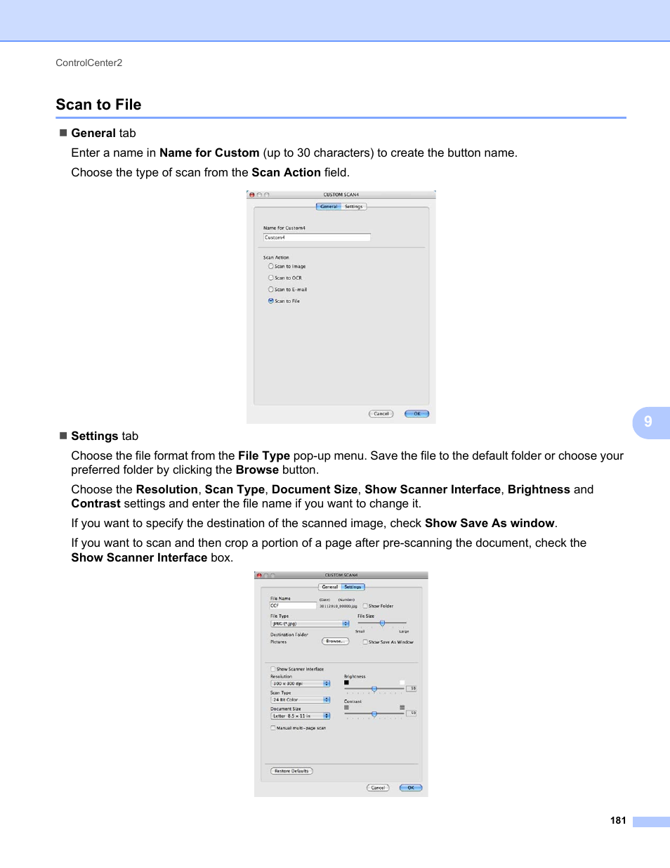 Scan to file, 9scan to file | Brother MFC-9325CW User Manual | Page 189 / 221