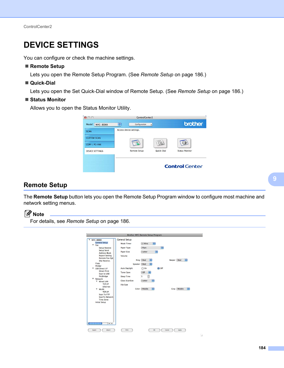 Device settings, Remote setup | Brother MFC-9325CW User Manual | Page 192 / 221