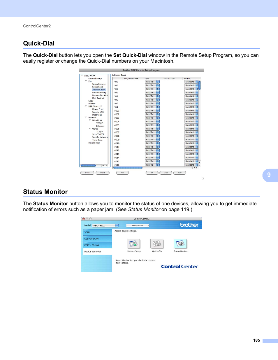 Quick-dial, Status monitor, Quick-dial status monitor | 9quick-dial | Brother MFC-9325CW User Manual | Page 193 / 221