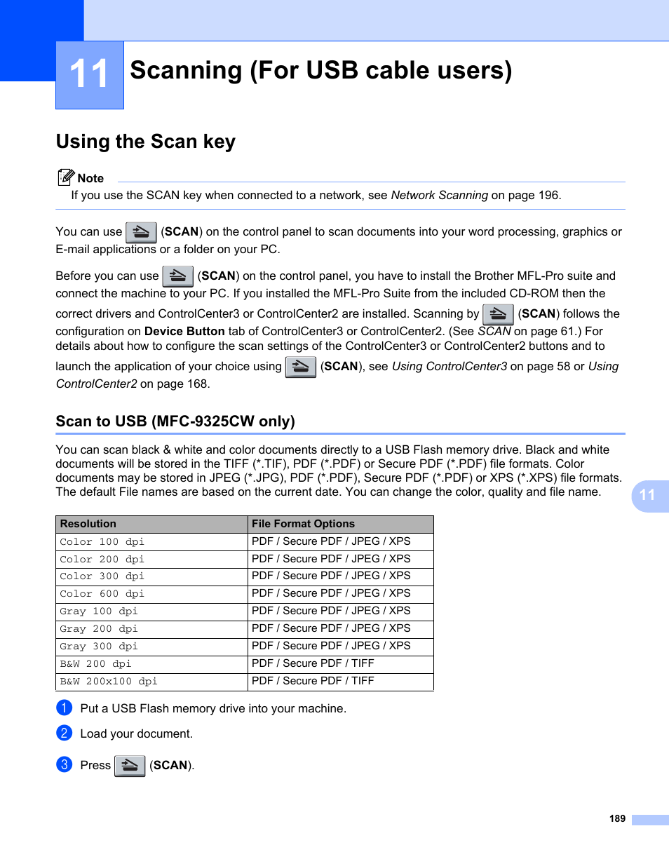 11 scanning (for usb cable users), Using the scan key, Scan to usb (mfc-9325cw only) | Scanning (for usb cable users) | Brother MFC-9325CW User Manual | Page 197 / 221