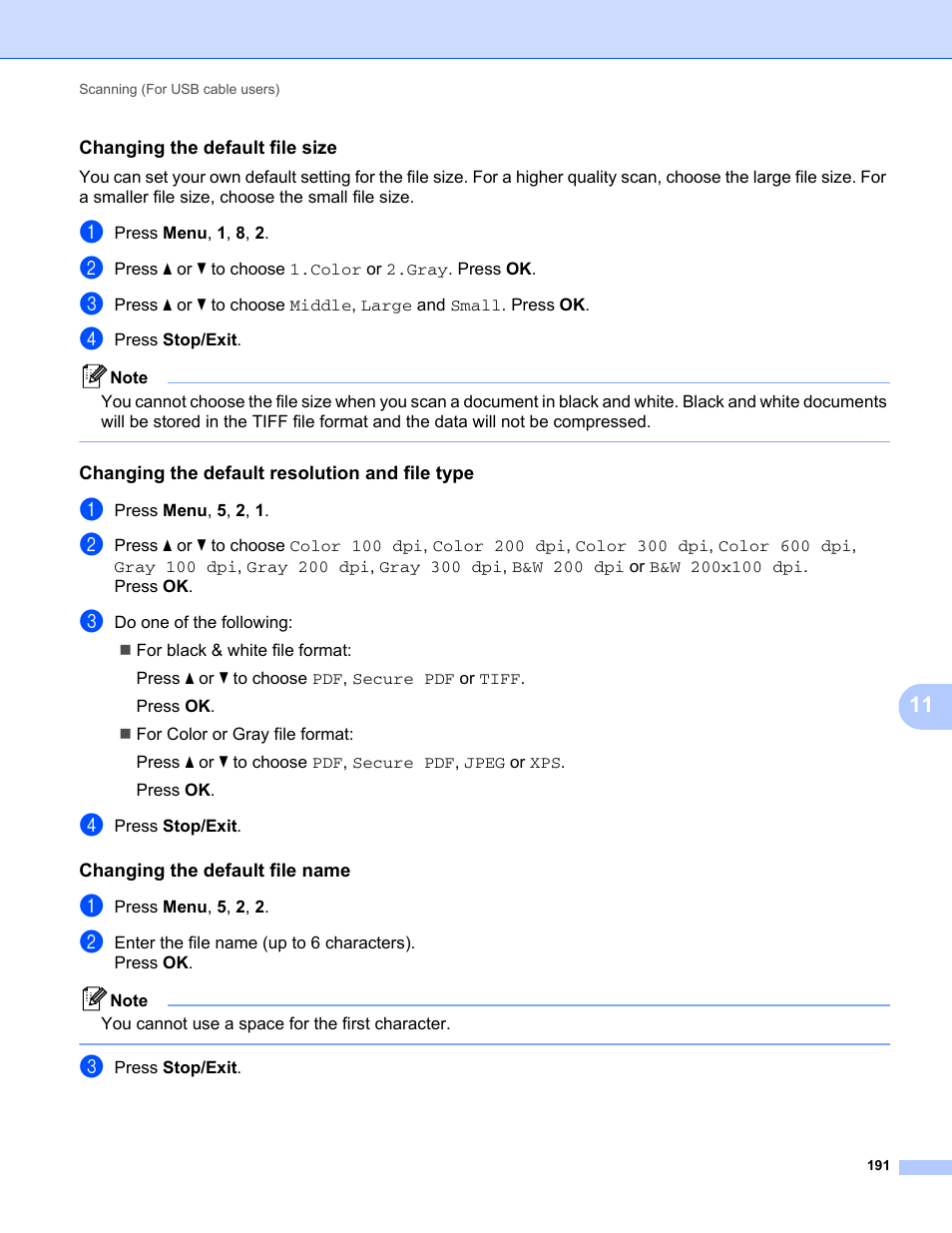 Changing the default file size, Changing the default resolution and file type, Changing the default file name | Brother MFC-9325CW User Manual | Page 199 / 221