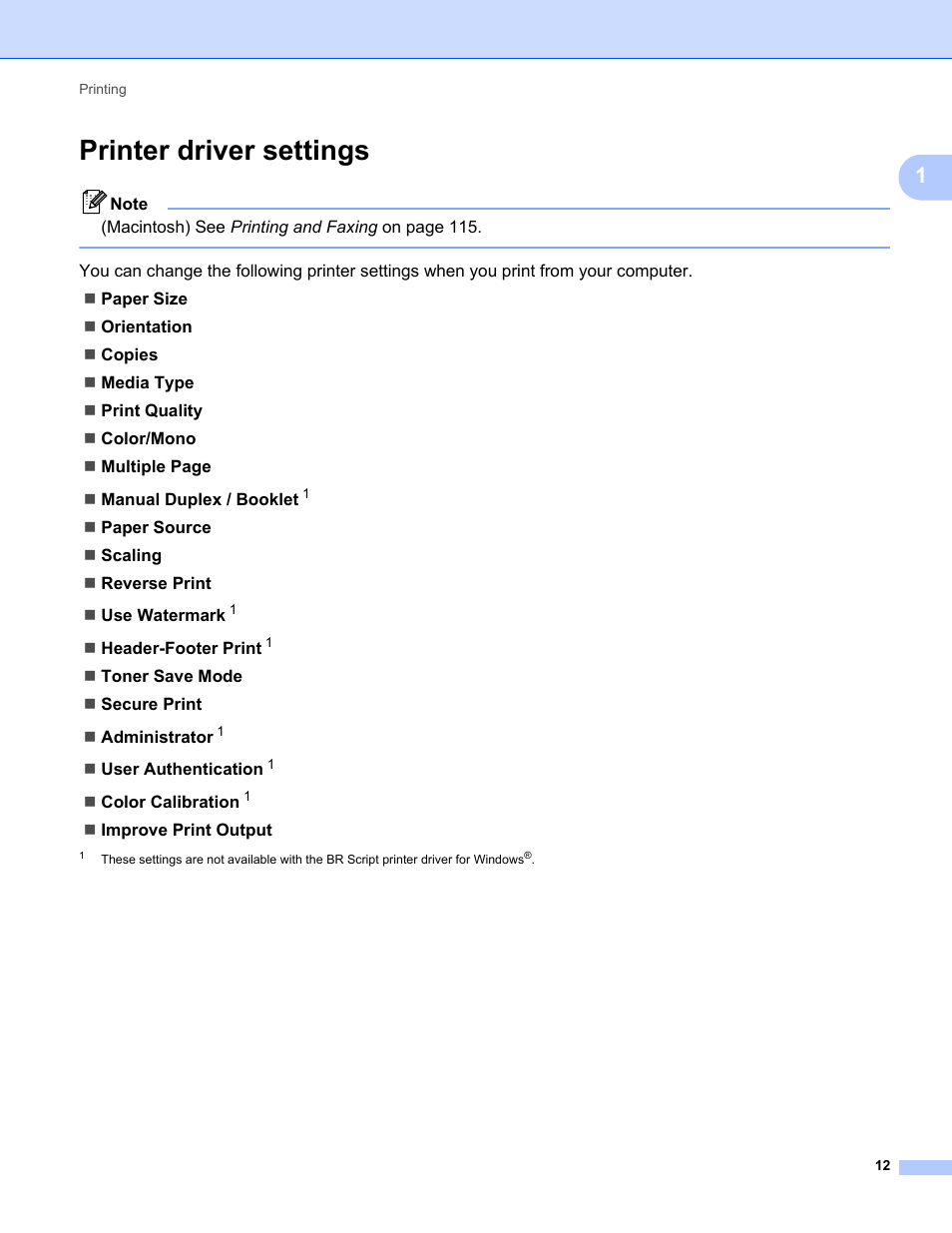 Printer driver settings | Brother MFC-9325CW User Manual | Page 20 / 221