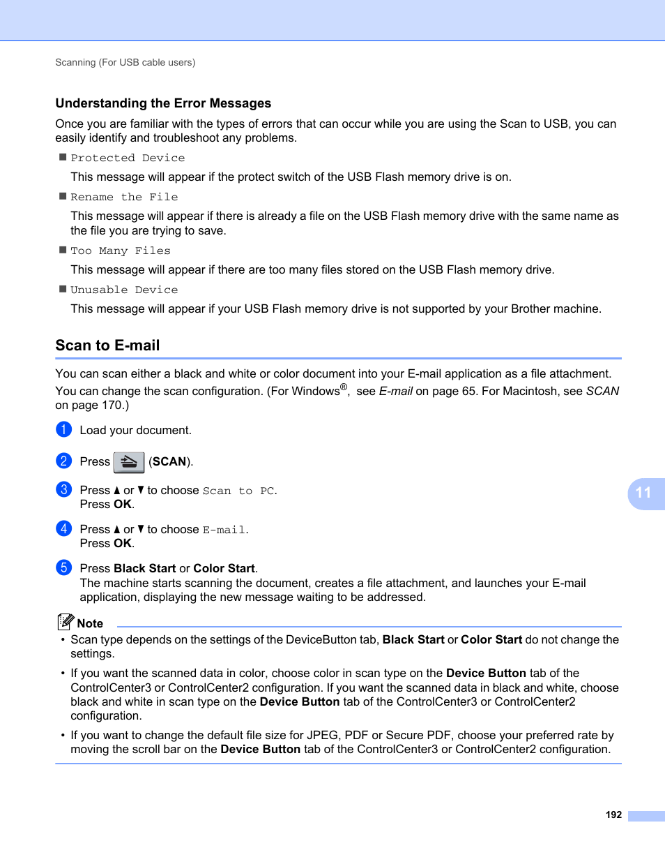 Understanding the error messages, Scan to e-mail | Brother MFC-9325CW User Manual | Page 200 / 221