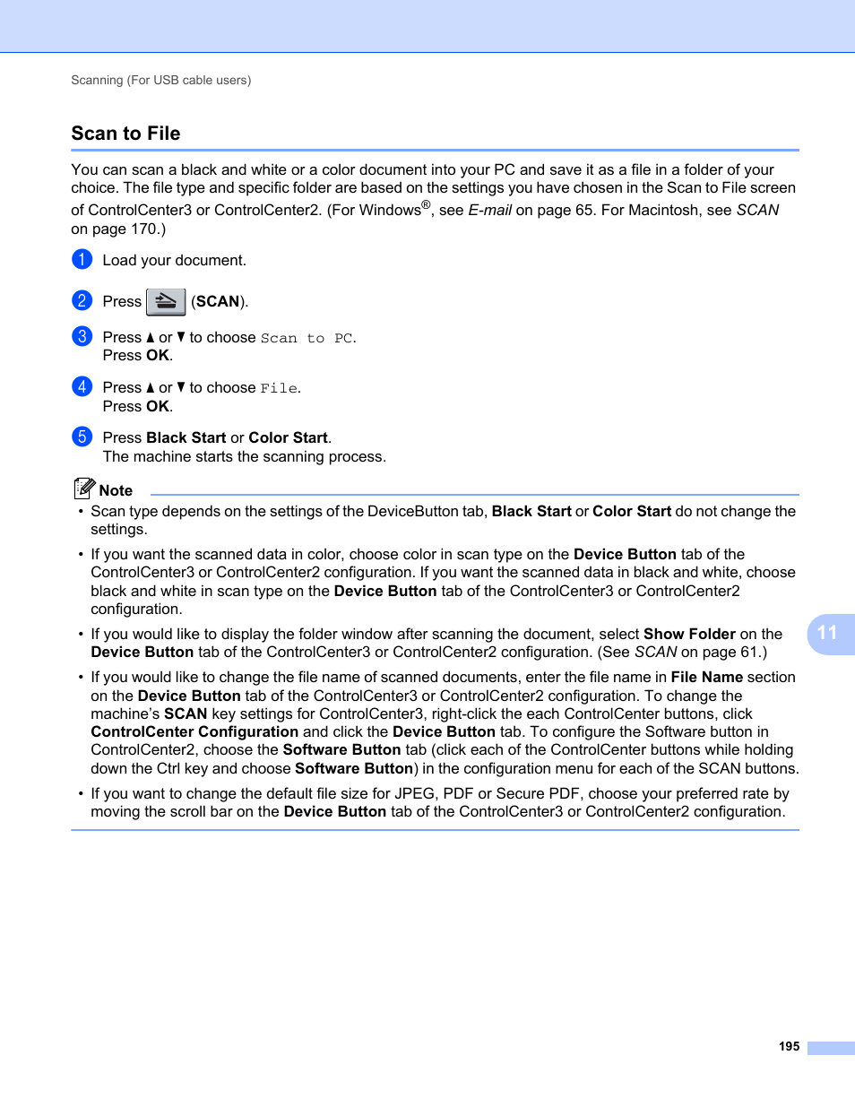 Scan to file, 11 scan to file | Brother MFC-9325CW User Manual | Page 203 / 221