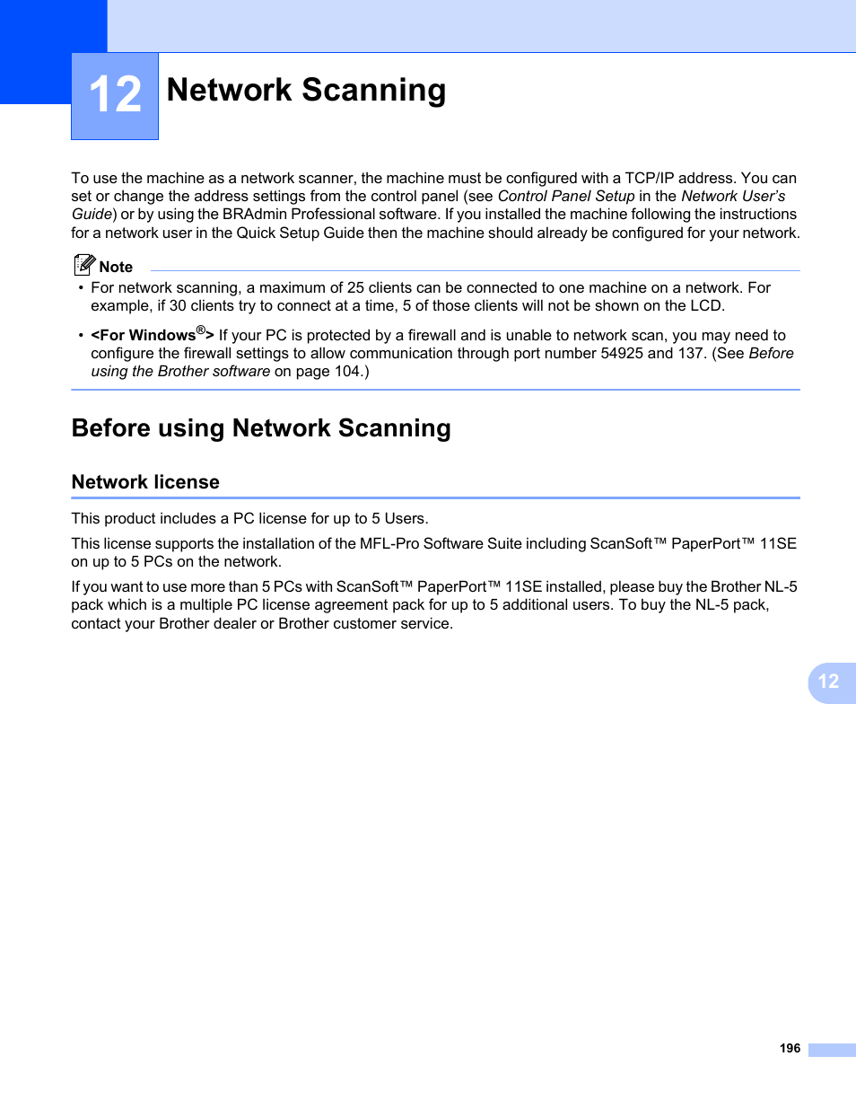 12 network scanning, Before using network scanning, Network license | Network scanning | Brother MFC-9325CW User Manual | Page 204 / 221