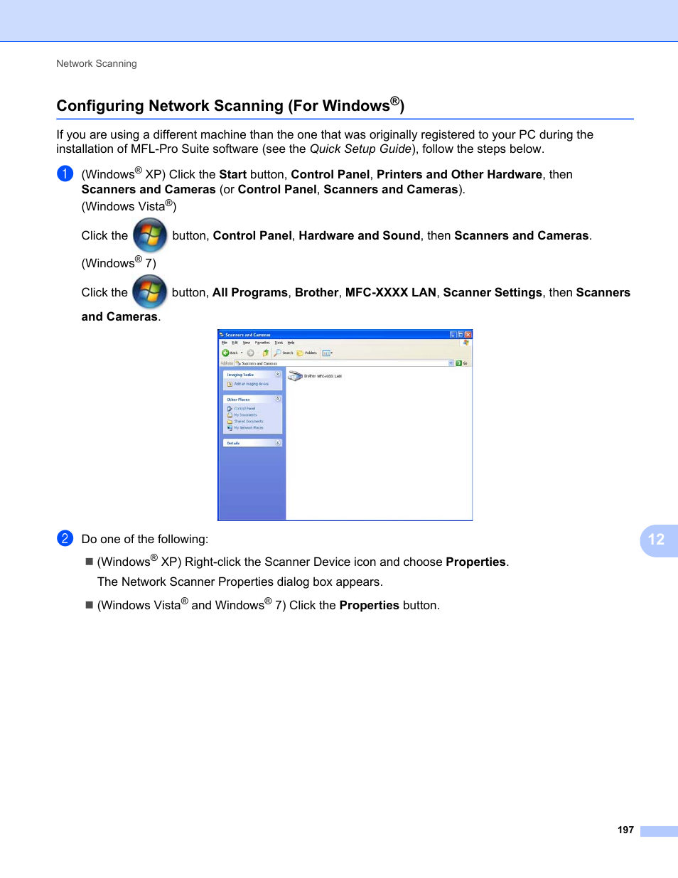 Configuring network scanning (for windows®), Configuring network scanning (for windows, 12 configuring network scanning (for windows | Brother MFC-9325CW User Manual | Page 205 / 221