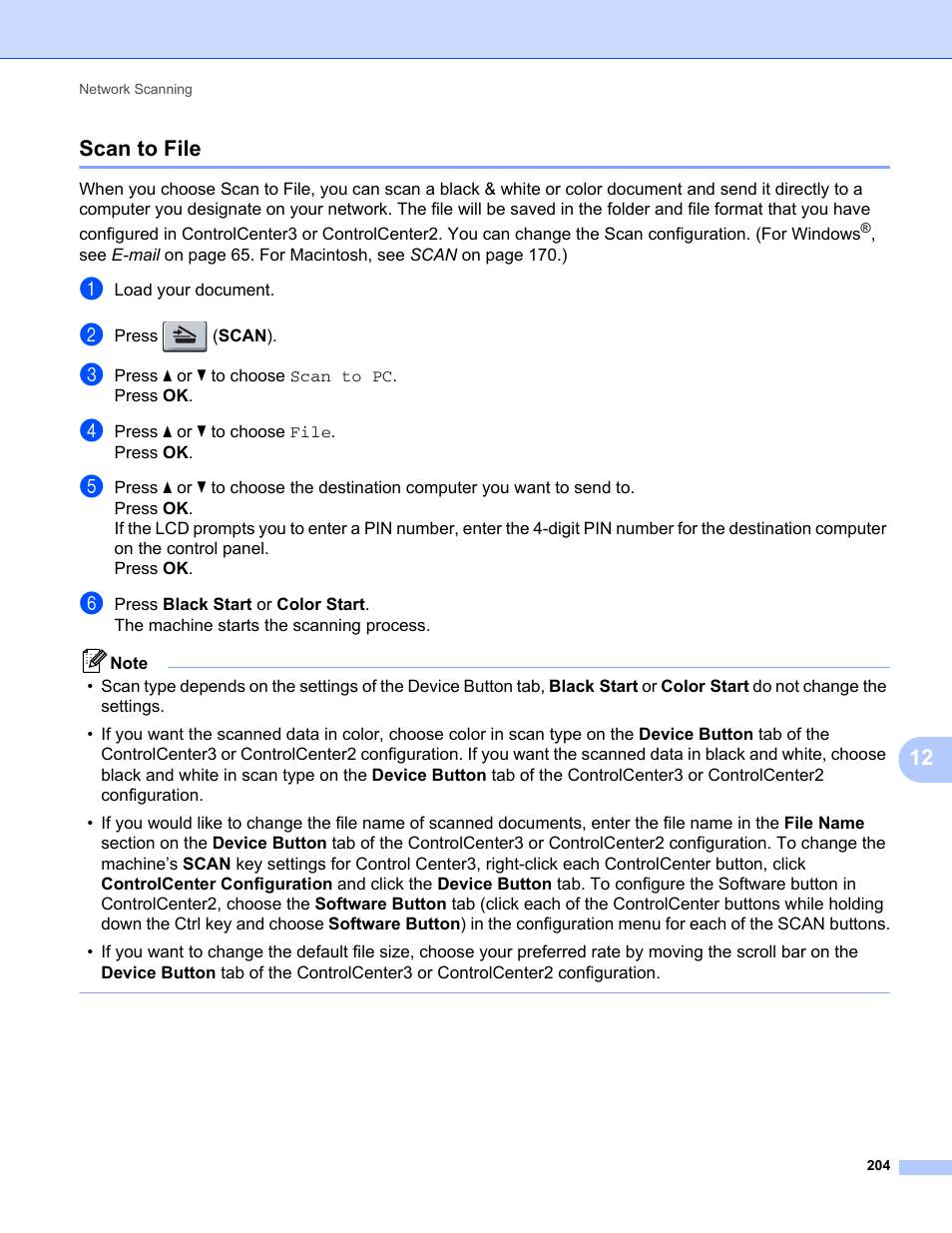 Scan to file, 12 scan to file | Brother MFC-9325CW User Manual | Page 212 / 221