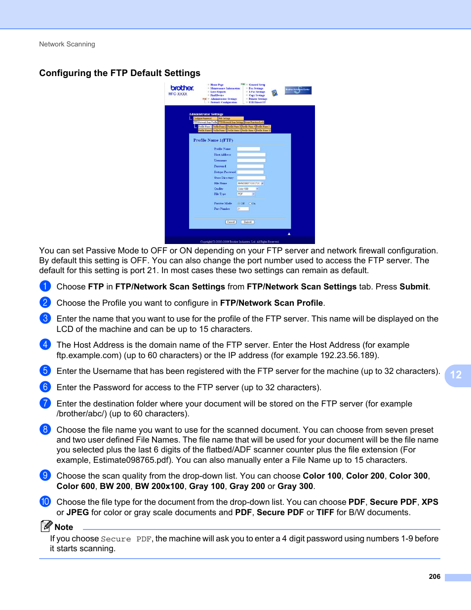 Configuring the ftp default settings | Brother MFC-9325CW User Manual | Page 214 / 221