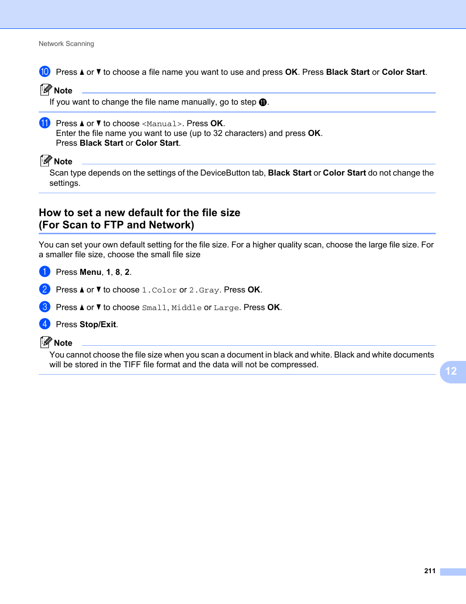 How to set a new default for the file size, For scan to ftp and network) | Brother MFC-9325CW User Manual | Page 219 / 221