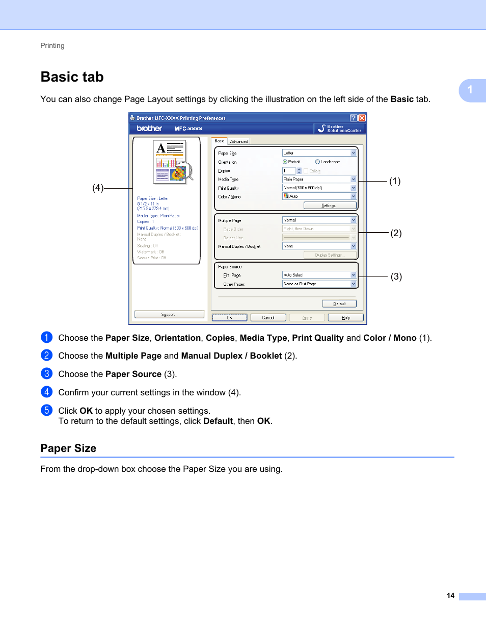 Basic tab, Paper size | Brother MFC-9325CW User Manual | Page 22 / 221