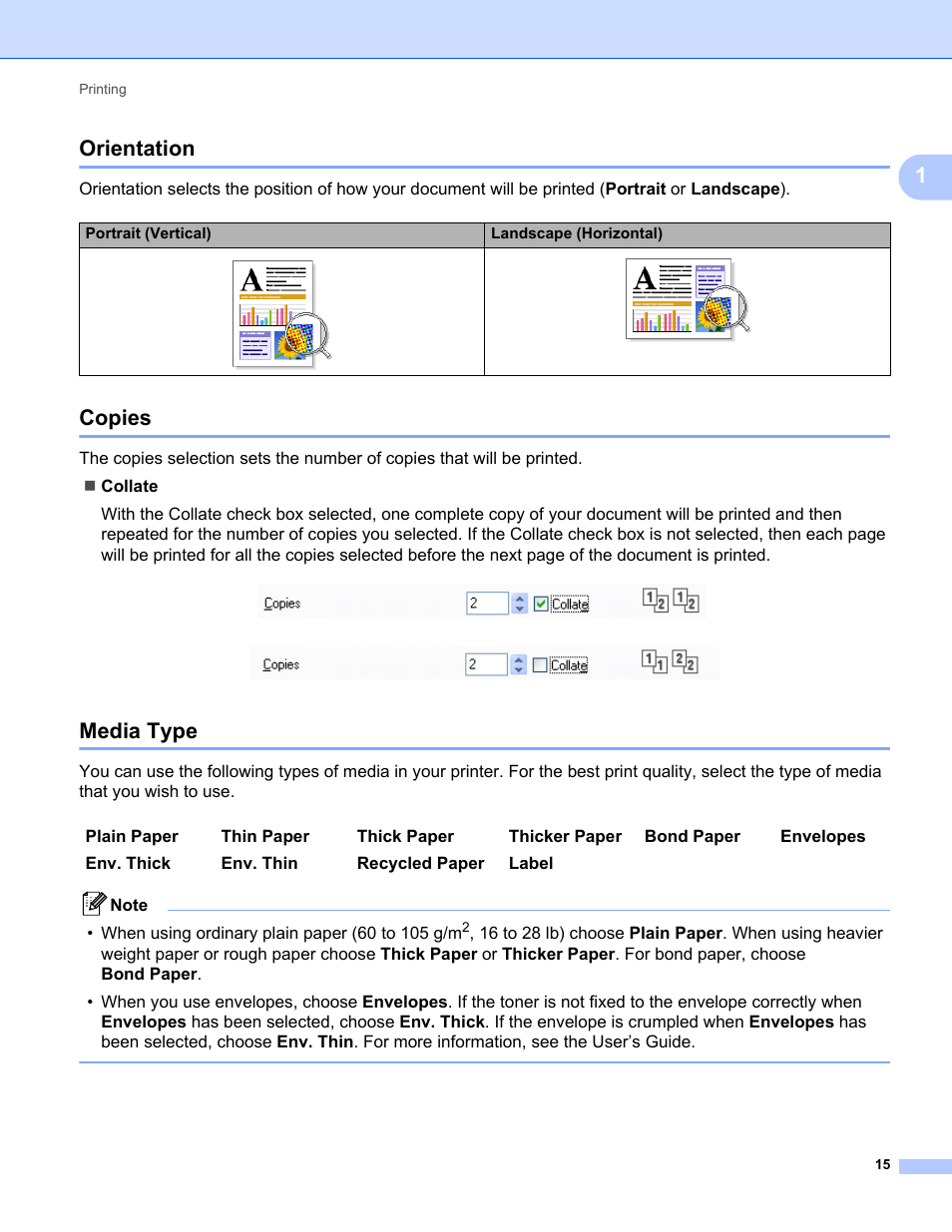 Orientation, Copies, Media type | Orientation copies media type, 1orientation | Brother MFC-9325CW User Manual | Page 23 / 221