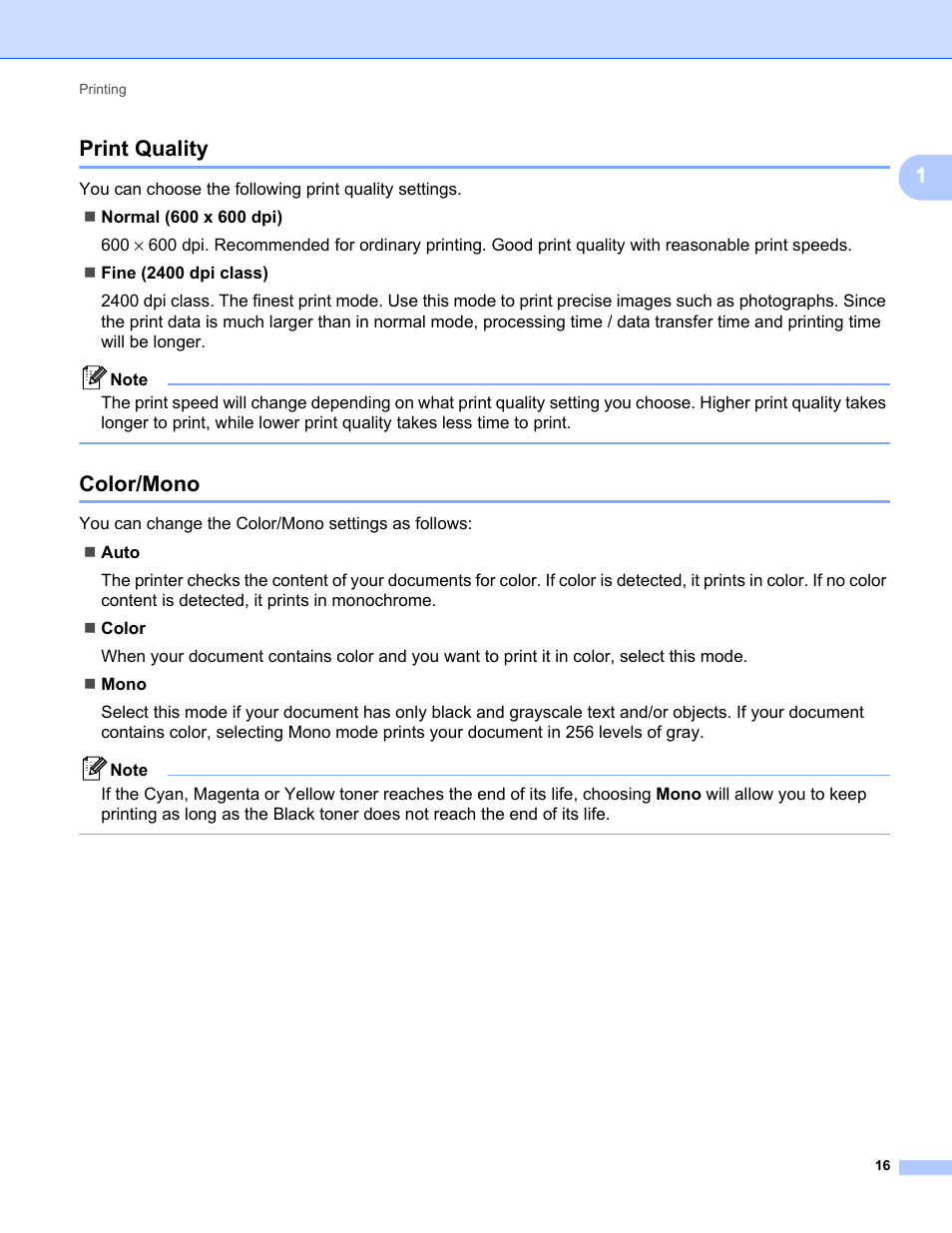 Print quality, Color/mono, Print quality color/mono | 1print quality | Brother MFC-9325CW User Manual | Page 24 / 221