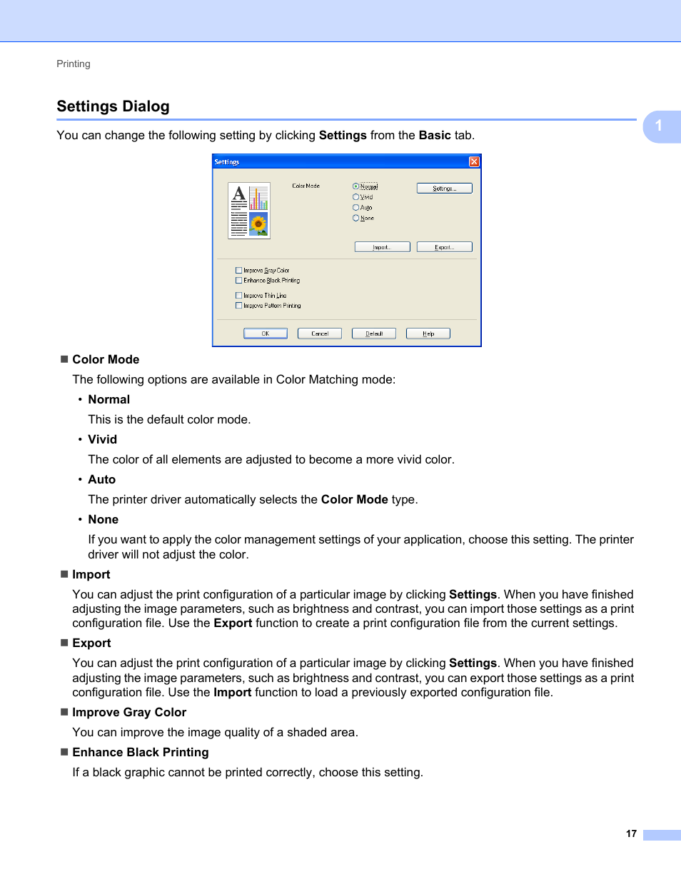 Settings dialog, 1settings dialog | Brother MFC-9325CW User Manual | Page 25 / 221