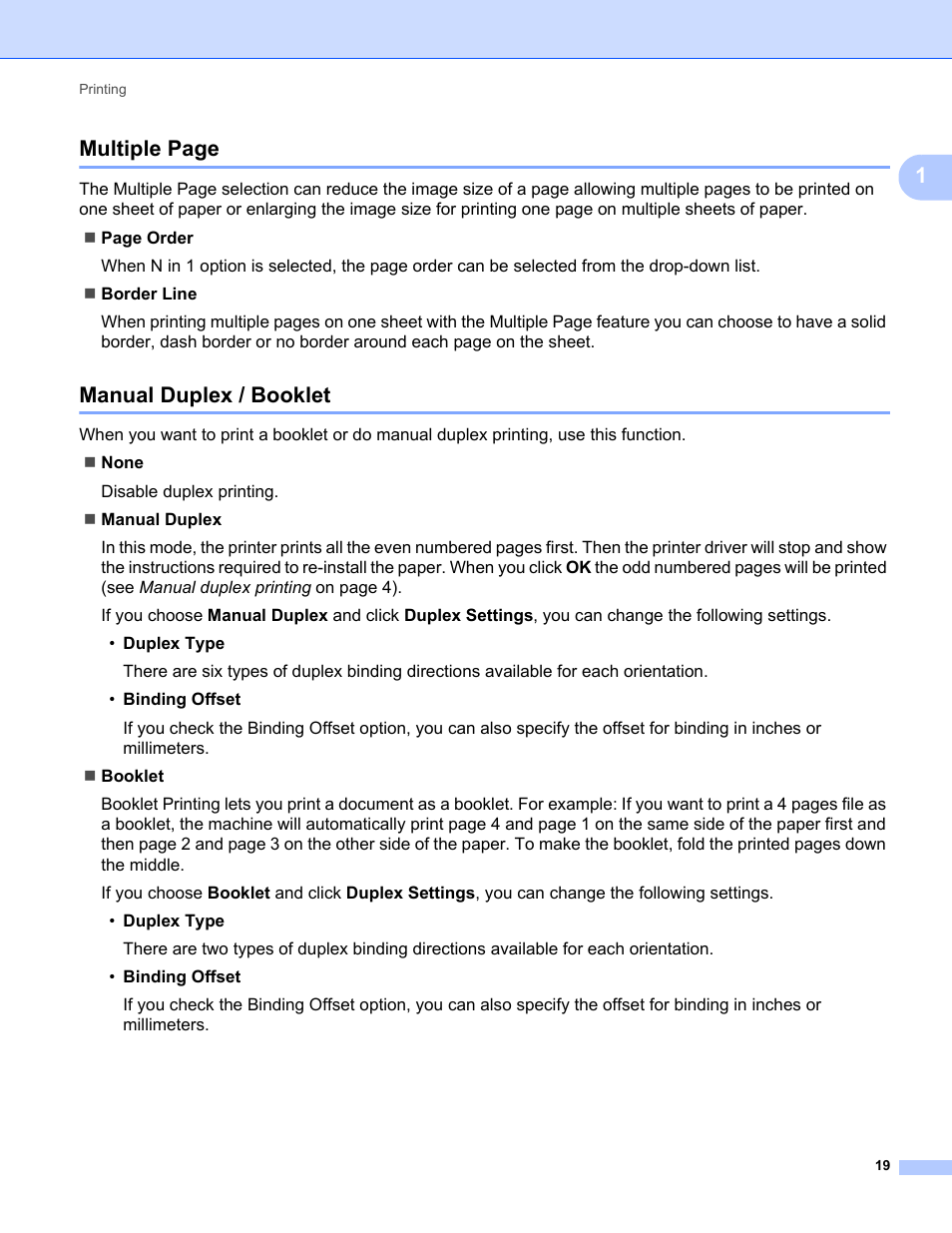 Manual duplex / booklet, 1multiple page | Brother MFC-9325CW User Manual | Page 27 / 221