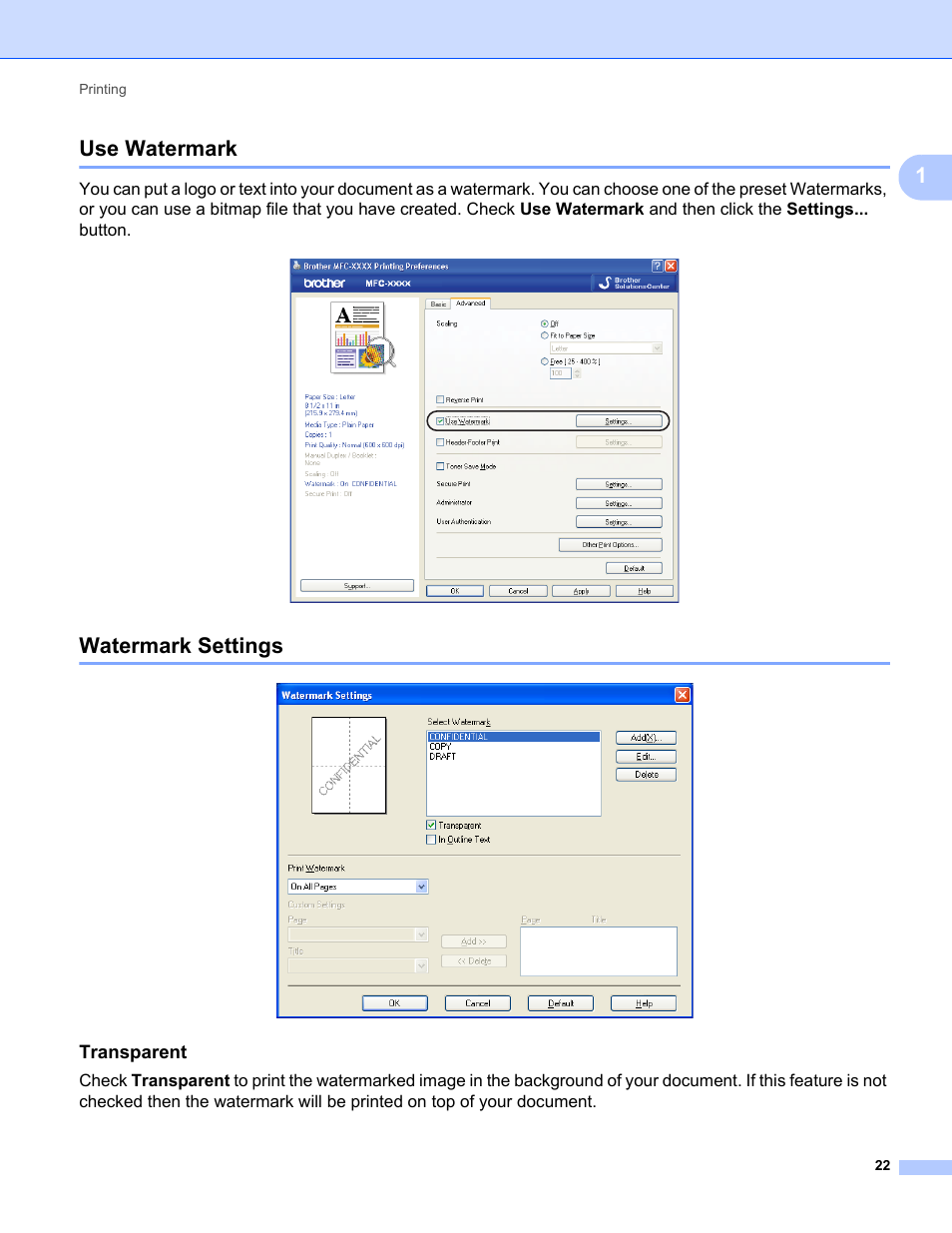 Use watermark, Watermark settings, Transparent | Use watermark watermark settings, 1use watermark | Brother MFC-9325CW User Manual | Page 30 / 221