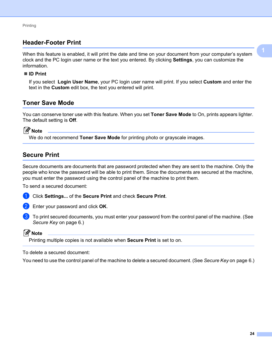 Header-footer print, Toner save mode, Secure print | Header-footer print toner save mode secure print, 1header-footer print | Brother MFC-9325CW User Manual | Page 32 / 221