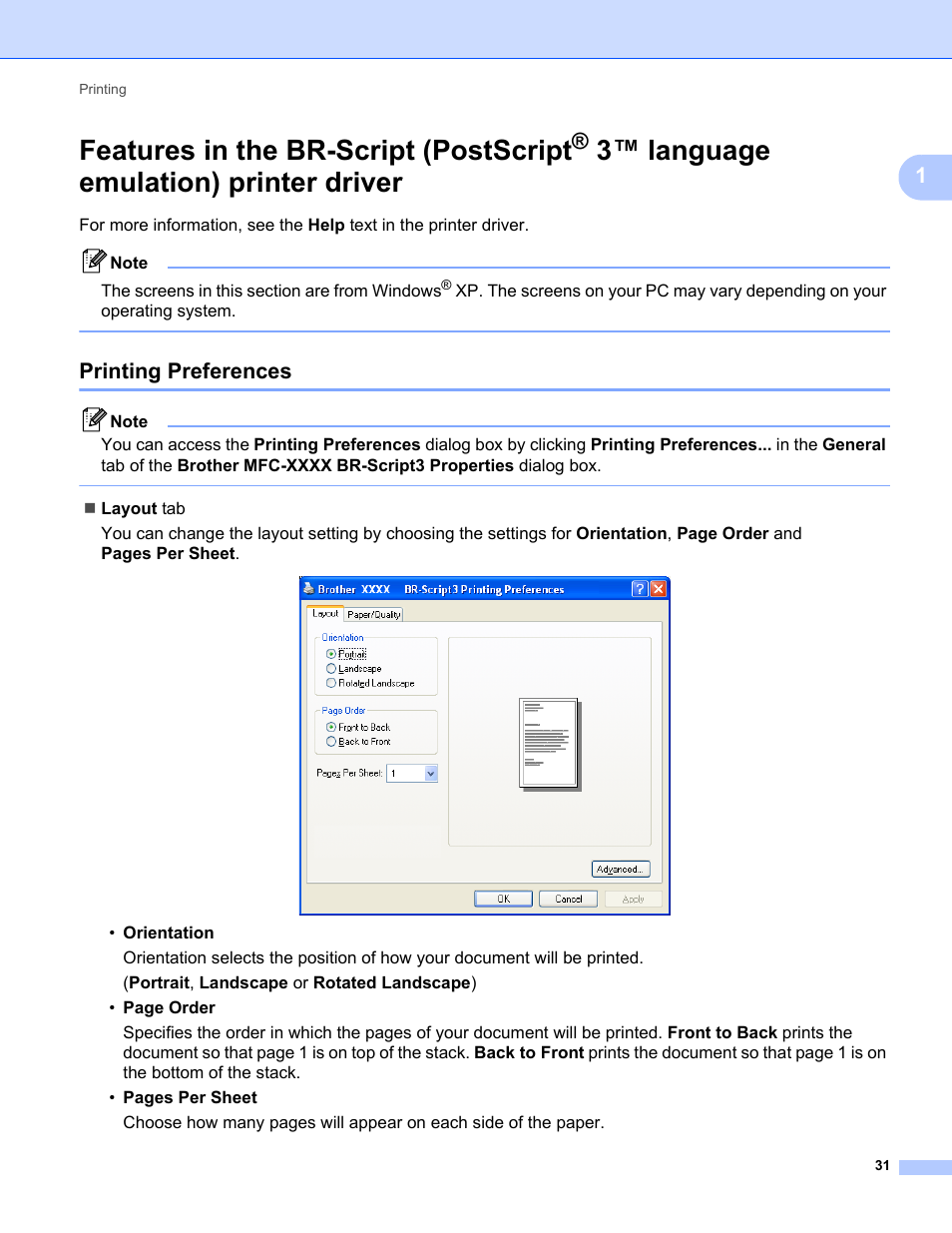 Printing preferences, Features in the br-script (postscript, 3™ language emulation) printer driver | Brother MFC-9325CW User Manual | Page 39 / 221