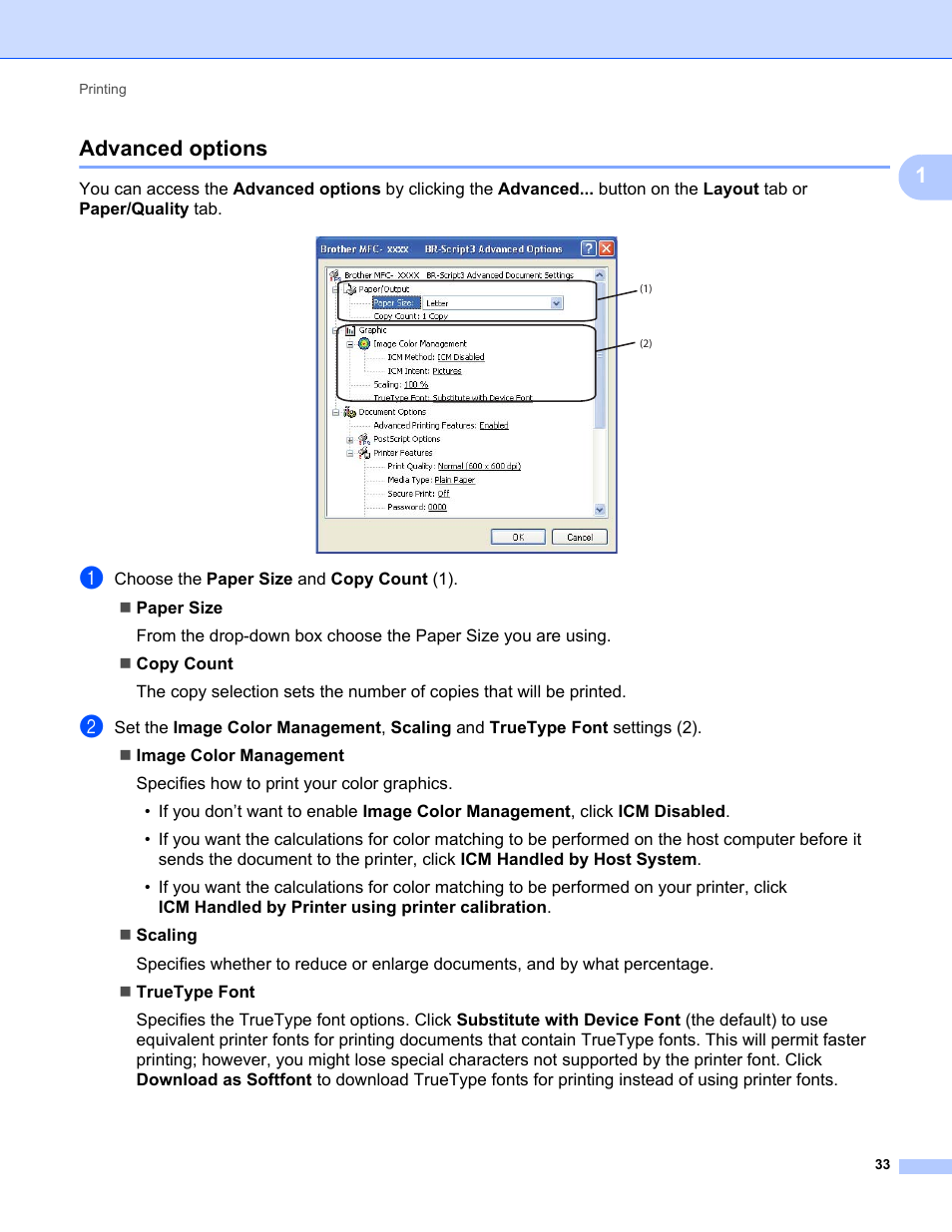 Advanced options, 1advanced options | Brother MFC-9325CW User Manual | Page 41 / 221