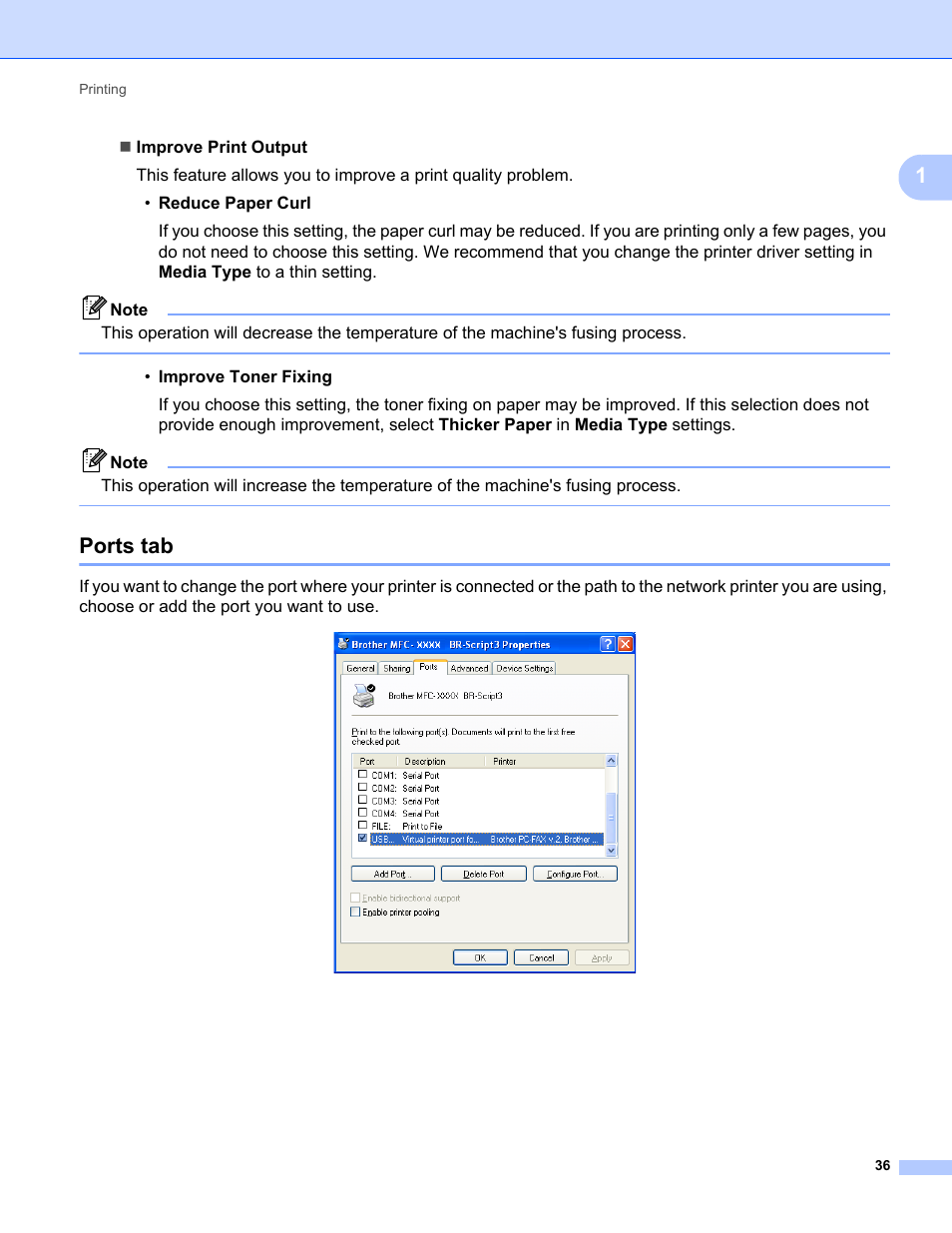 Ports tab | Brother MFC-9325CW User Manual | Page 44 / 221