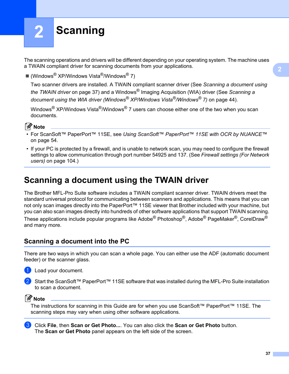 2 scanning, Scanning a document using the twain driver, Scanning a document into the pc | Scanning | Brother MFC-9325CW User Manual | Page 45 / 221