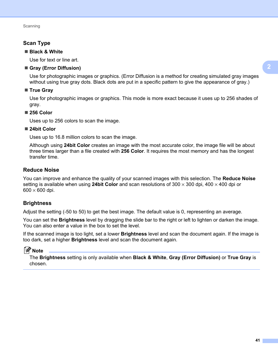 Scan type, Reduce noise, Brightness | Brother MFC-9325CW User Manual | Page 49 / 221