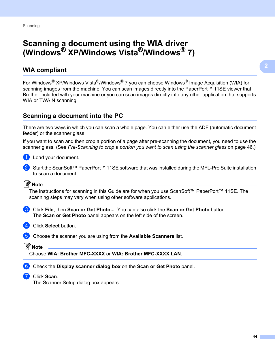 Wia compliant, Scanning a document into the pc, Scanning a document using the wia driver | Windows, Xp/windows vista, Wia compliant scanning a document into the pc, Scanning a, Document using the wia driver (windows, Scanning a document using the wia driver (windows | Brother MFC-9325CW User Manual | Page 52 / 221