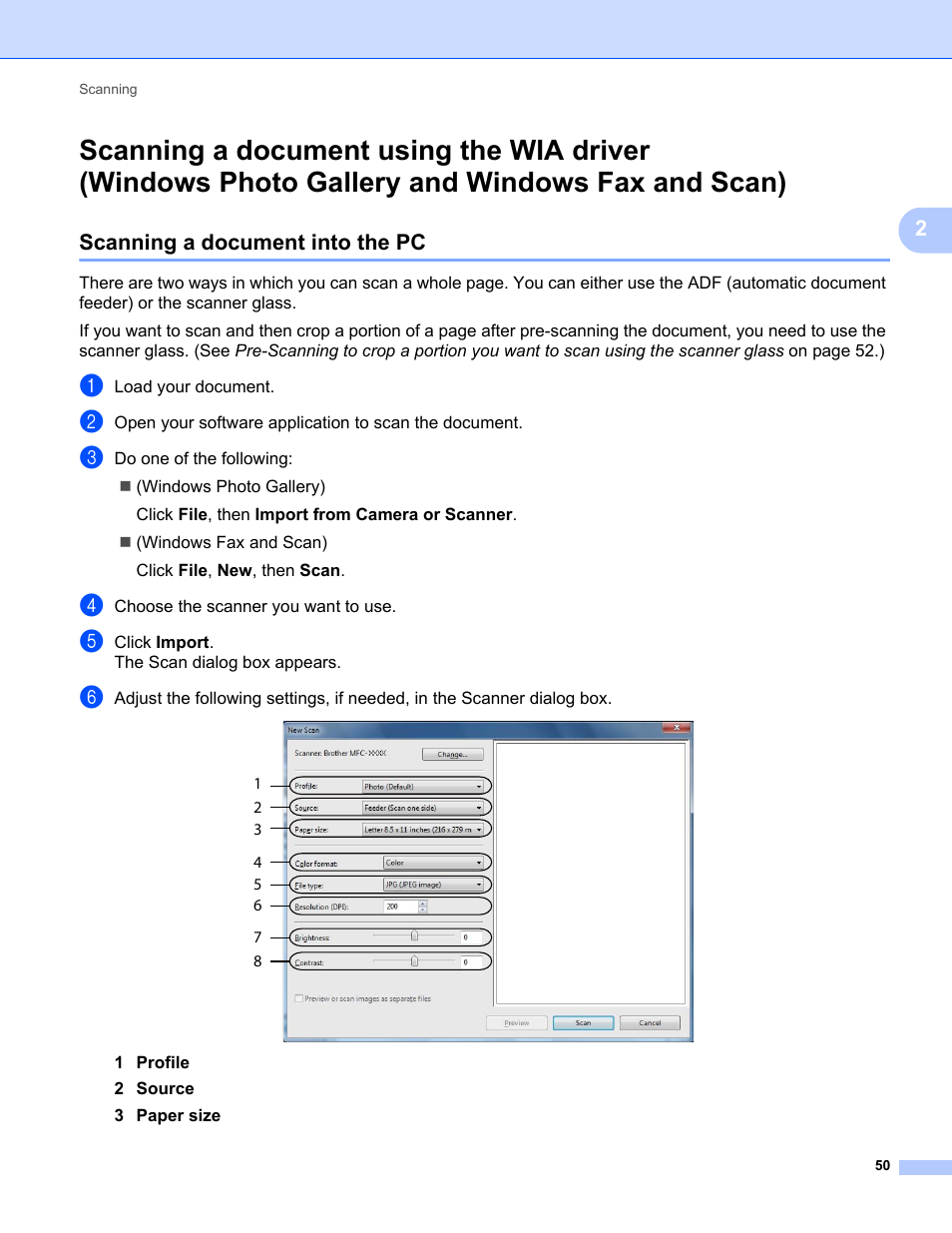 Scanning a document into the pc, Scanning a document using the wia driver, Windows photo gallery and windows fax and scan) | Brother MFC-9325CW User Manual | Page 58 / 221